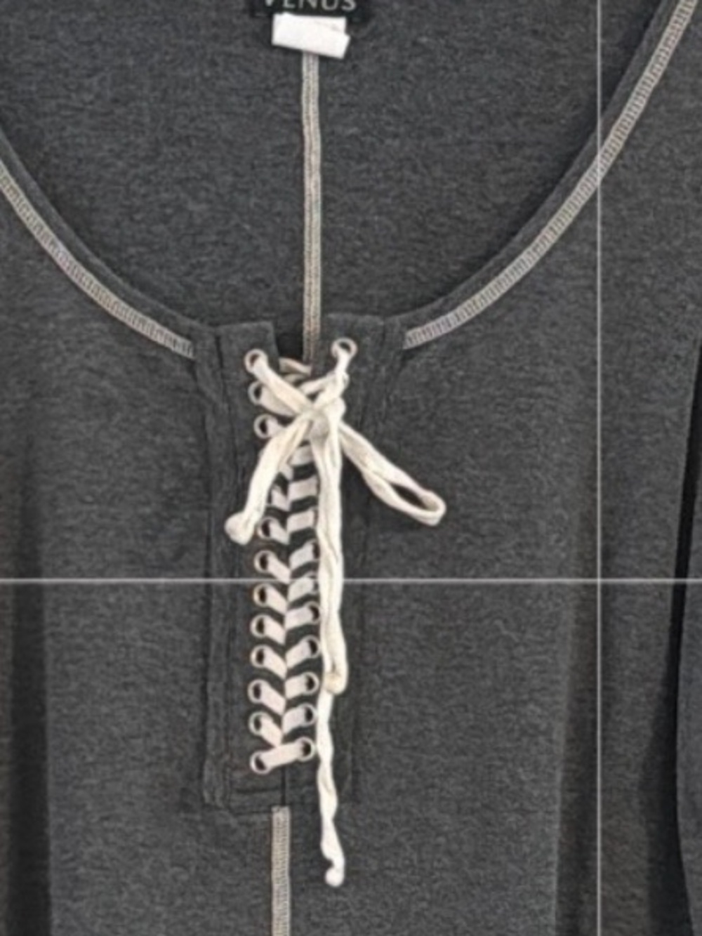 Venus Gray Knit Contrast Stitch Lace Up Henley Long Sleeve Top Large L - Picture 3 of 8